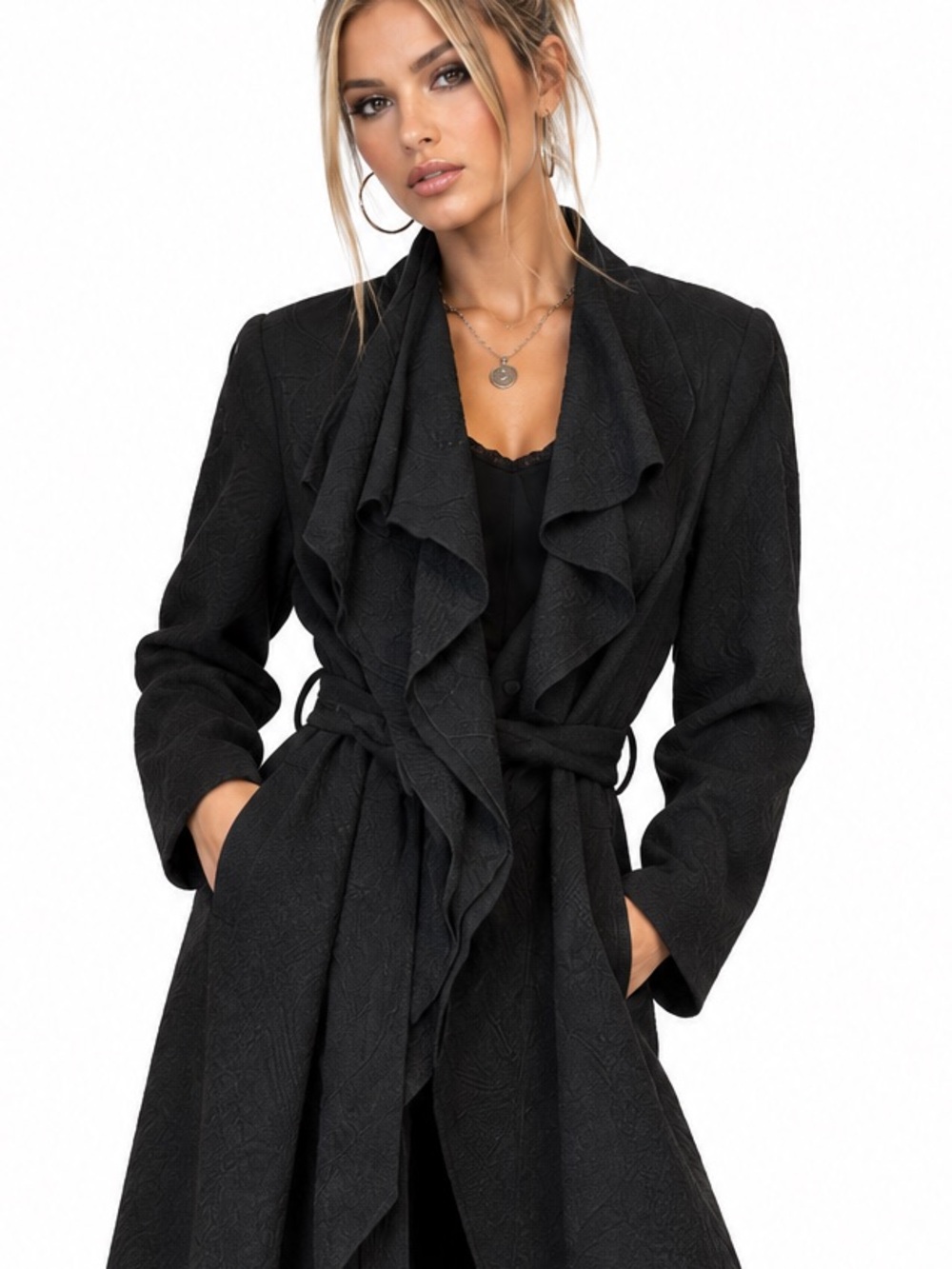 Etcetera Black belted Ruffle collar tie waist Coat size 6
